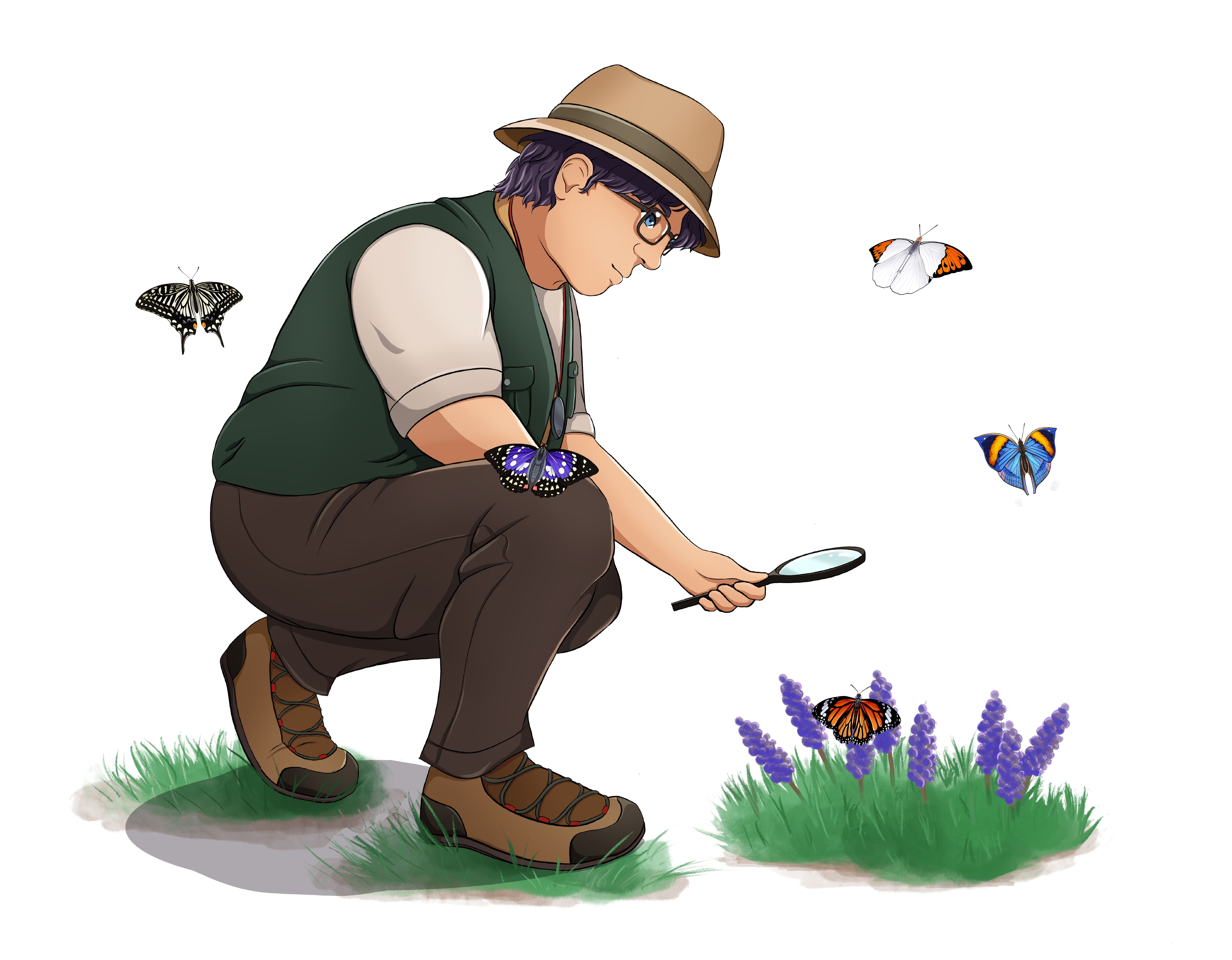 A SunnySide character named Ryozo crouching down with a magnifying glass to track bugs.